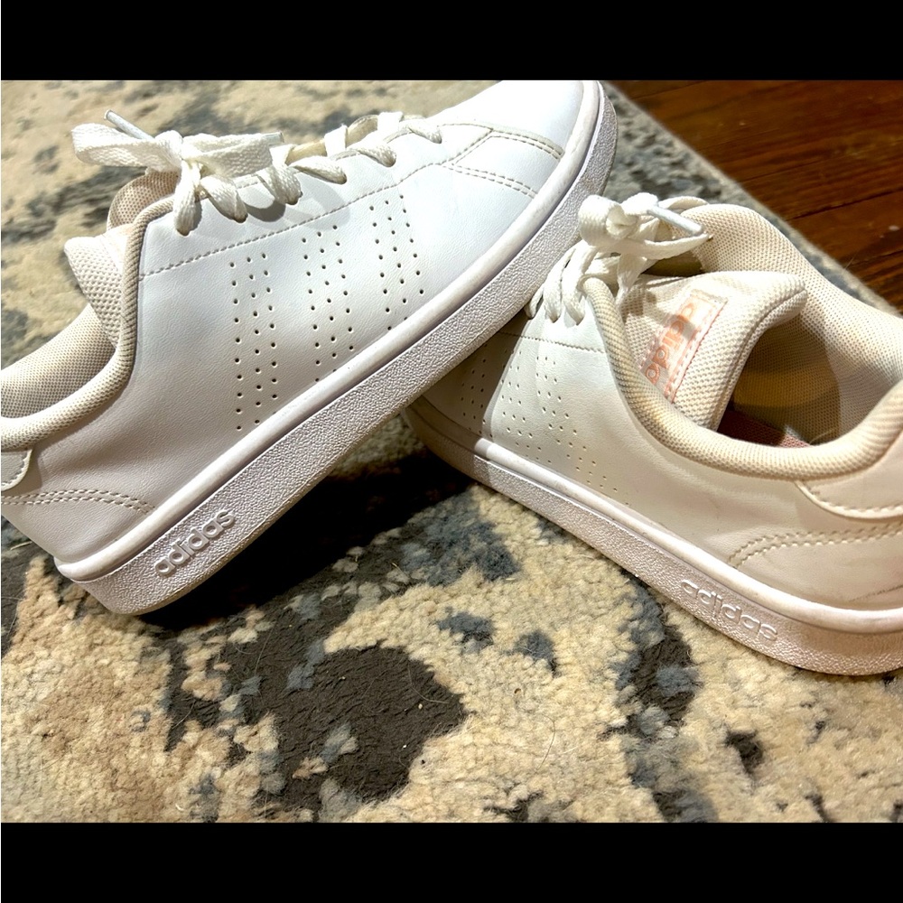 Adidas Sneakers - plain white w/a hint of pink. Barely worn. Perfect condition